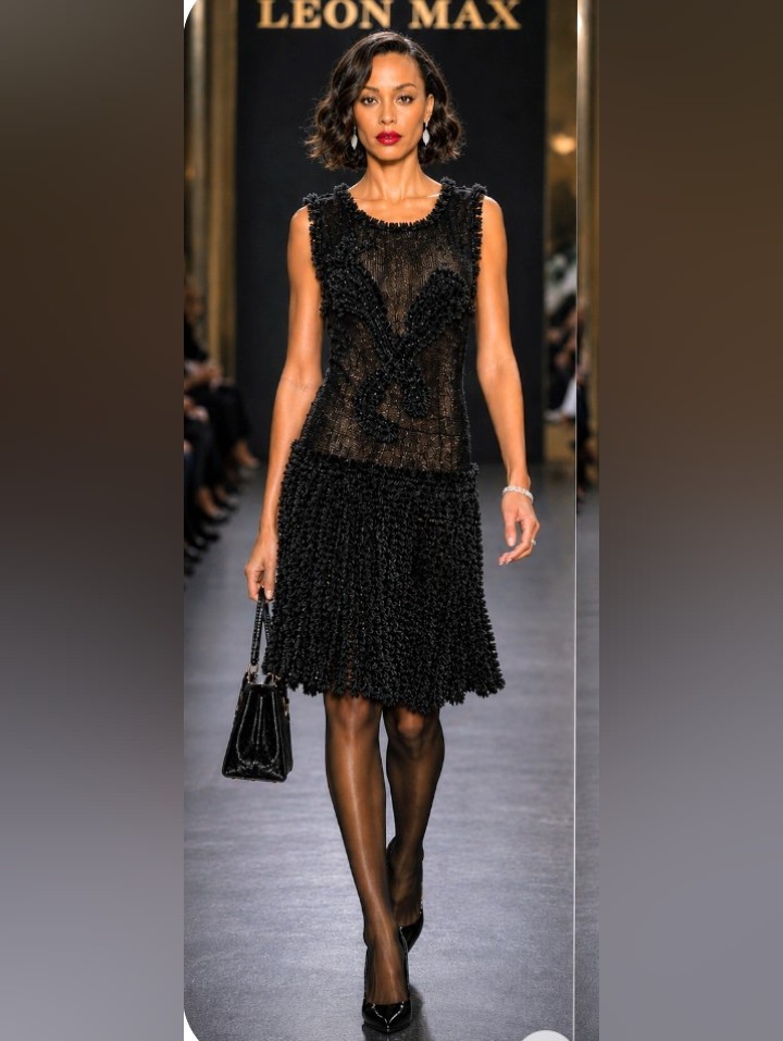 Leon Max Limited Edition Black M L Raised Soutache Chenille Silk Fit Flare Dress